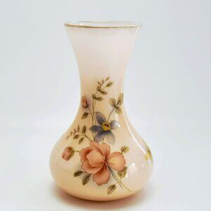 Vintage Pink Floral 10" Glass Vase, Muted Pink & Blue Flowers, Yellow Butterfly